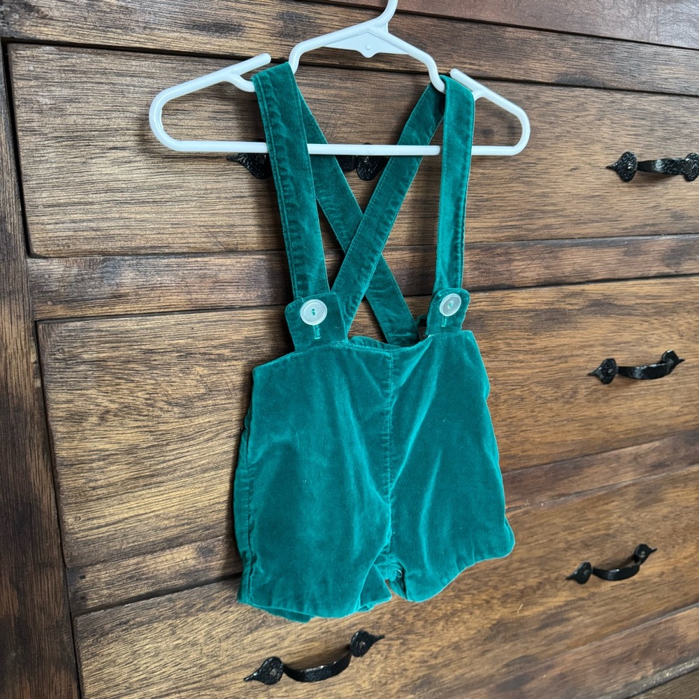 Vintage Green Suspender Shorts Baby Boy Girl 12 Months Christmas Overalls